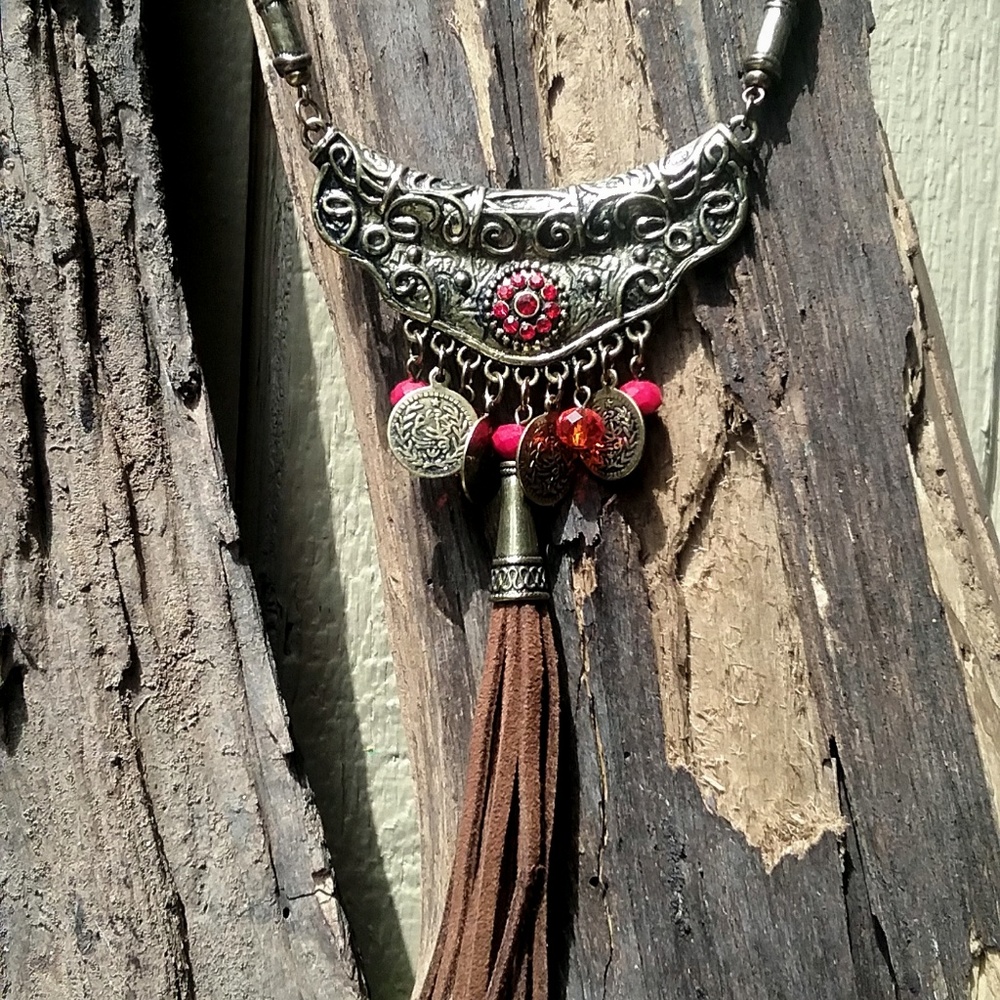 BOHO Suede/Red bead and coin tassel necklace